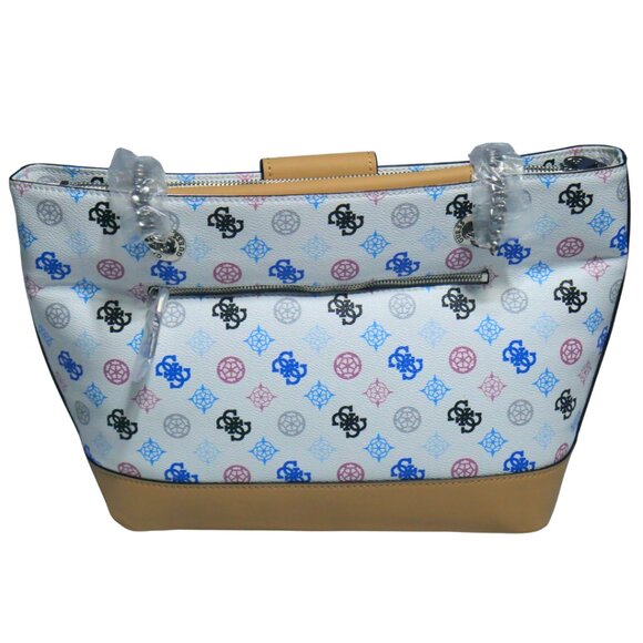 NEW Guess Greta Tote Handbag White Multi Logo Print Faux Leather Tan Trim Studde - Picture 3 of 10